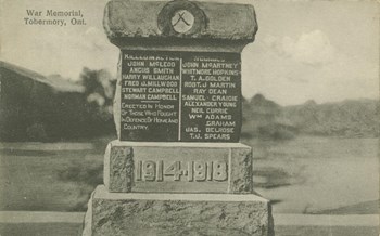 Tobermory memorial, postcard front (Pub. Irwin Specialty Co.)